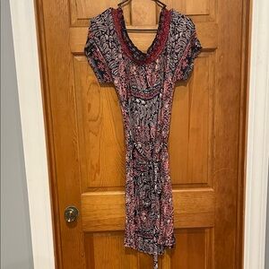 Lucky Brand Red and Navy Paisley Off the Shoulder Dress